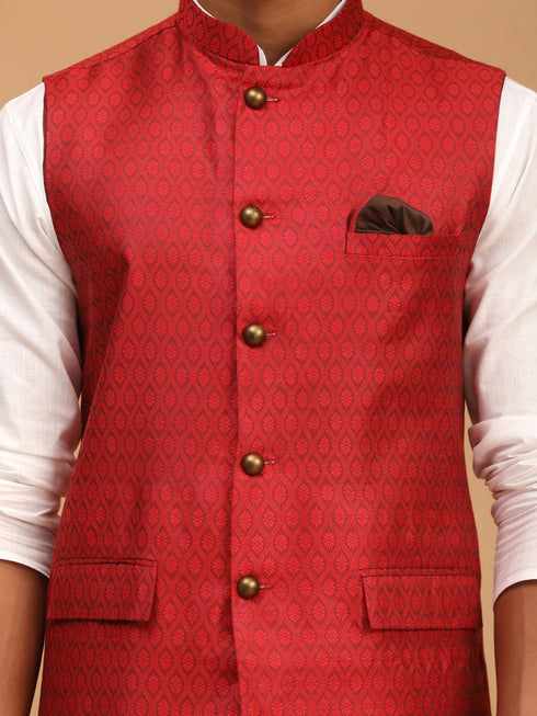 Men's Maroon Jacquard Nehru Jacket With Kurta Pyjama Set